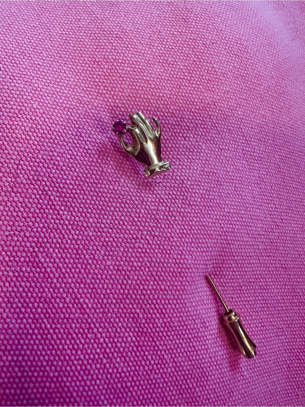 Antique solid 14k Gold Hand Brooch with Pink Ruby